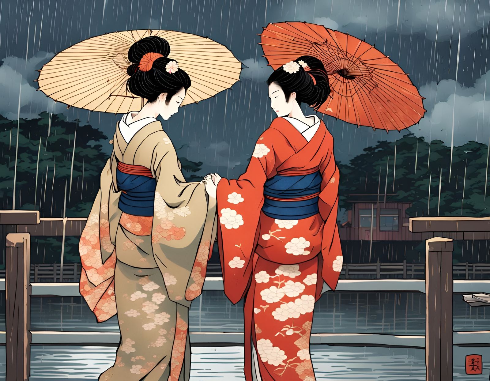 Romantic Japanese Couple in Kimonos, Ukiyo-e Style