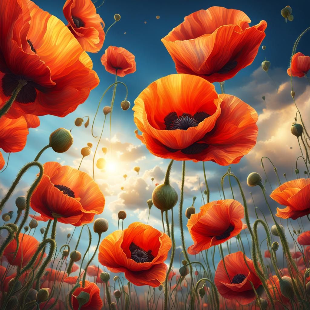 Hyperrealistic Upside-Down Poppies in Floating World