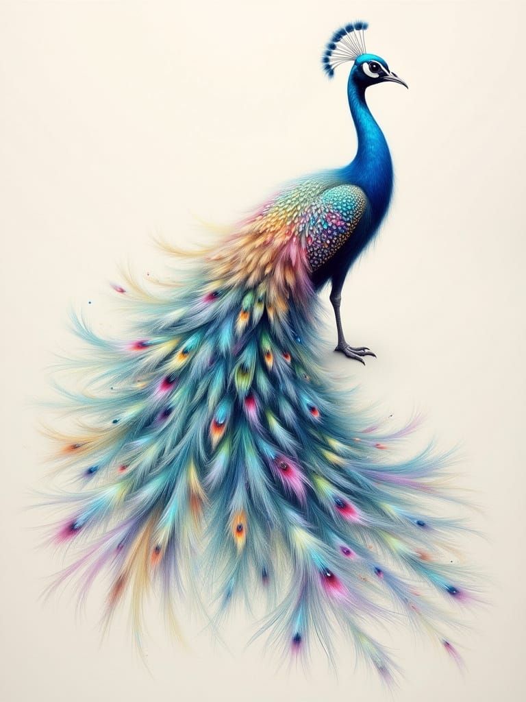 Ethereal Peacock in Soft Pastel Pencil Sketch