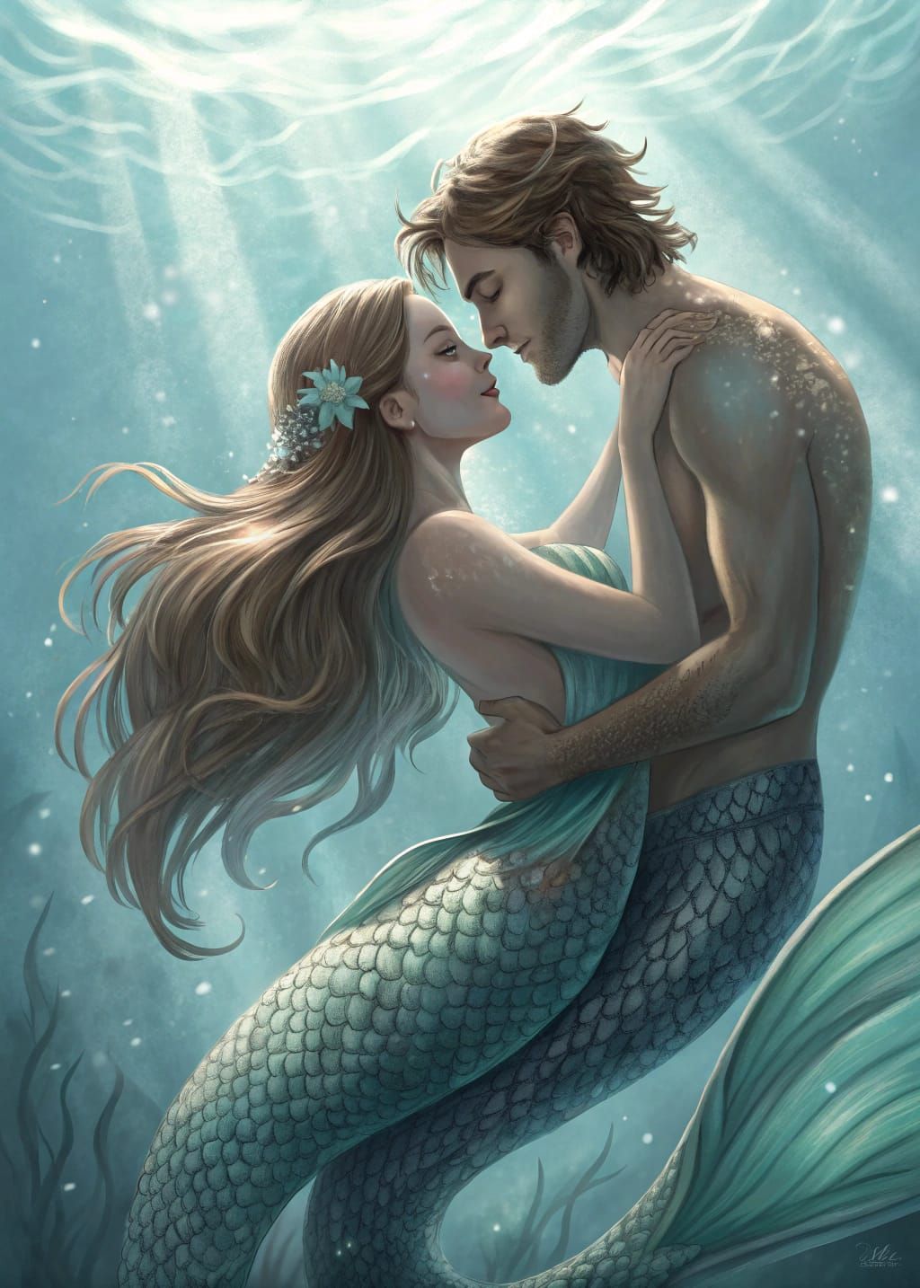 A Couple in Love Underwater in an Ethereal Aquatic Scene