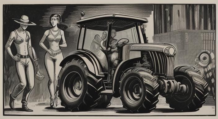Tractor Pulls Tank: India Ink Woodcut