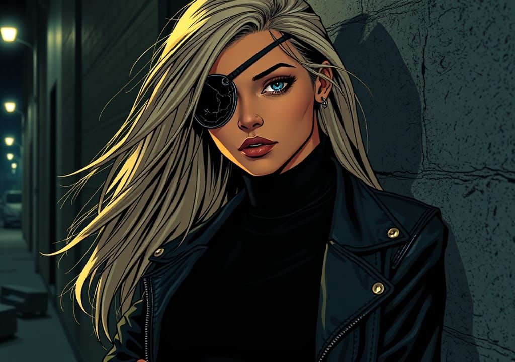 Eye Patch Woman in Film Noir Comic Style