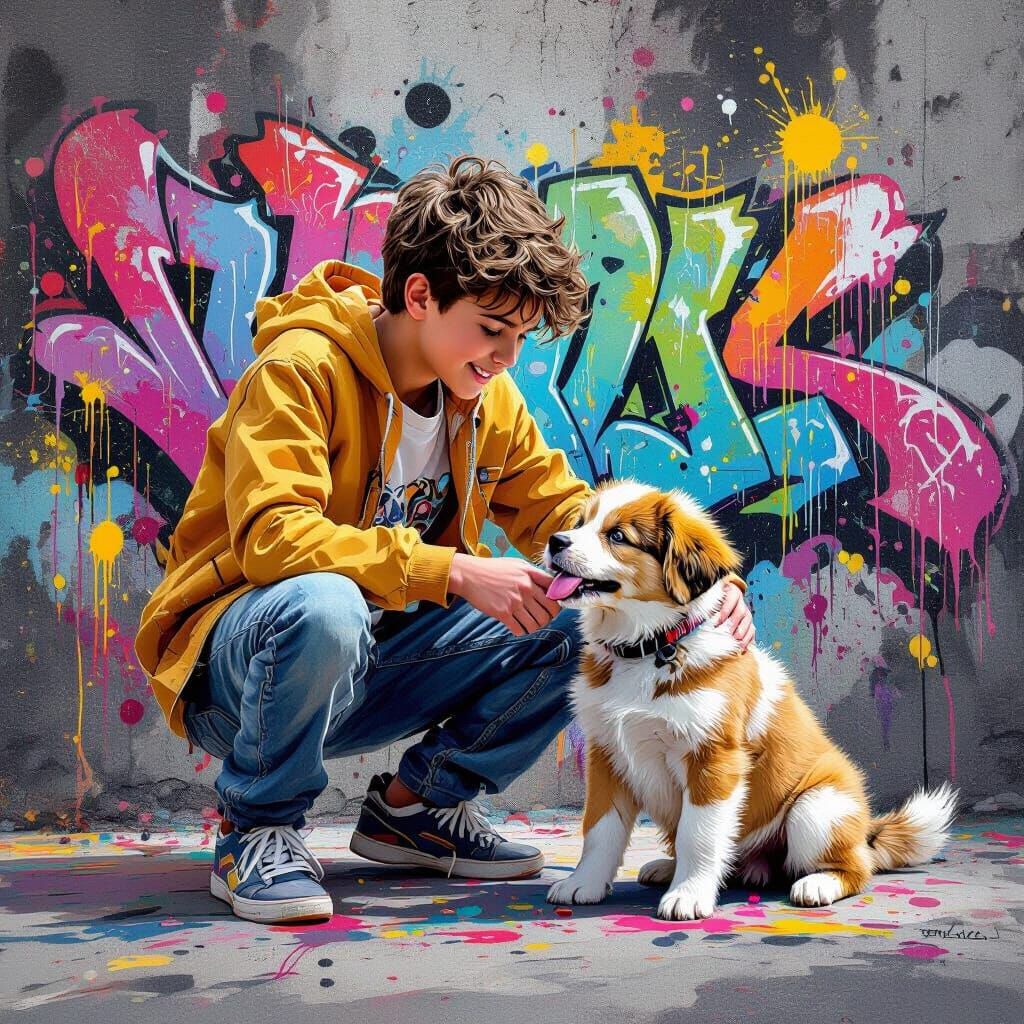 Teenage Boy Plays With New Puppy in Graffiti Art Style
