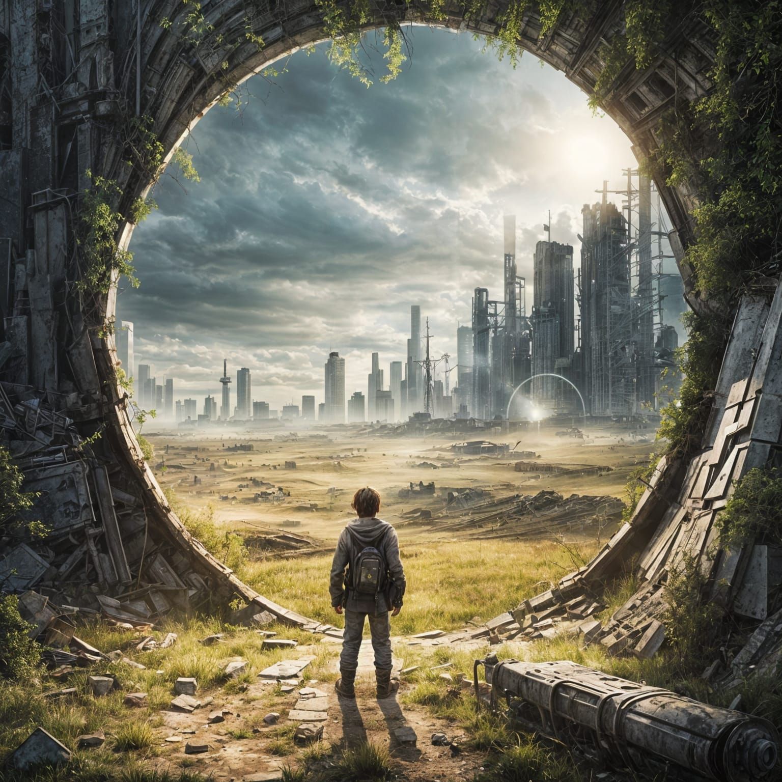 Boy Gazes Through Portal in Dystopian Landscape