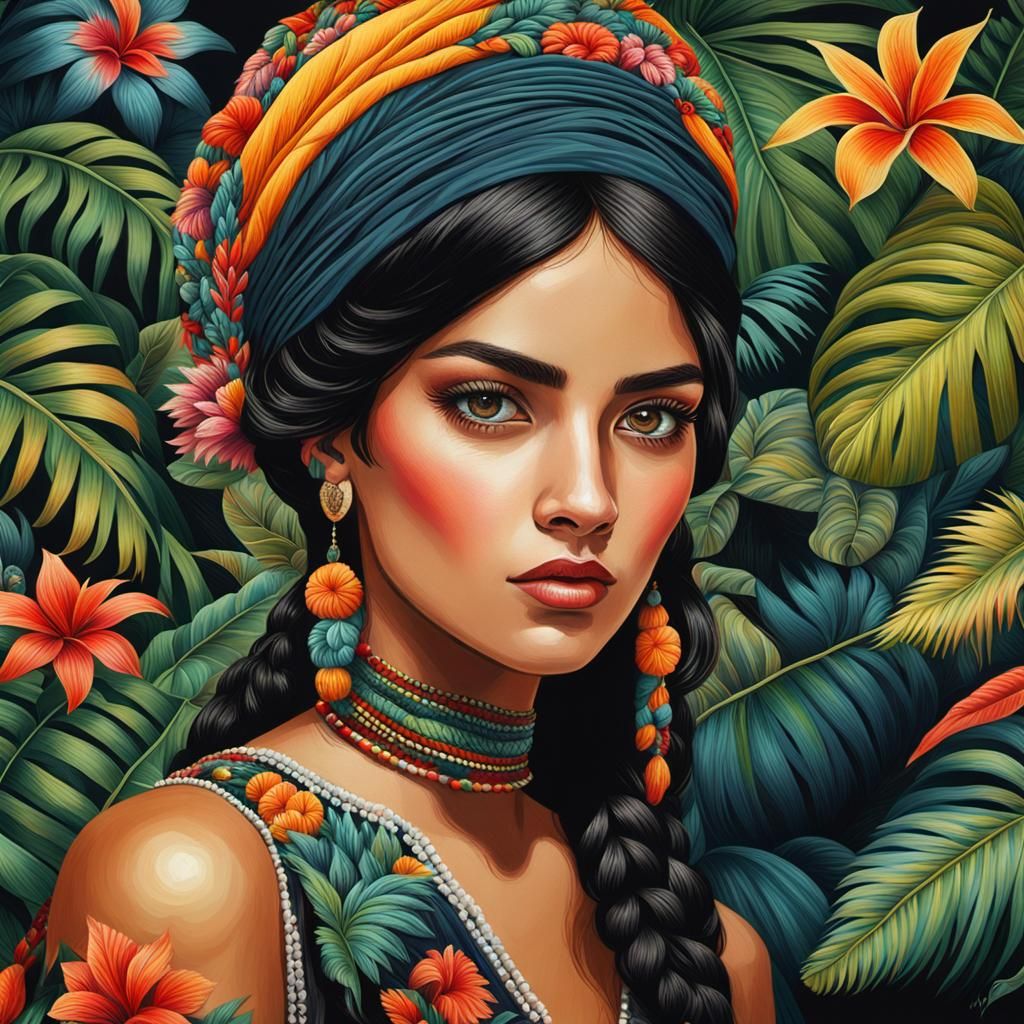 Mexican Woman Portrait with Tropical Forest Background