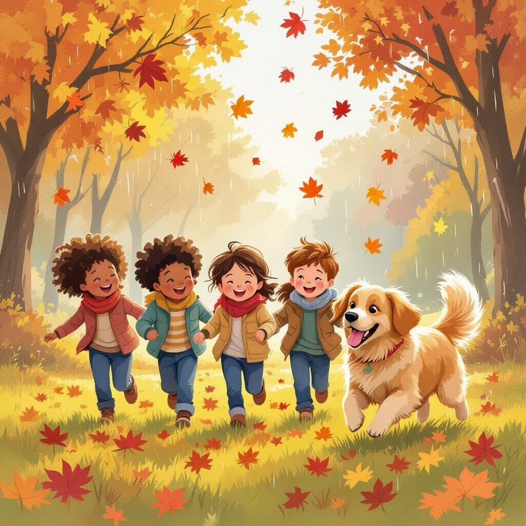 Children and Dog Racing in Autumn Park