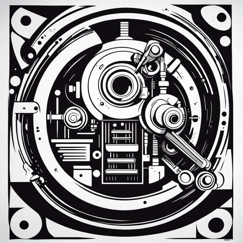 Abstract Robot Misfits Repairing Machinery, Cartoon Style