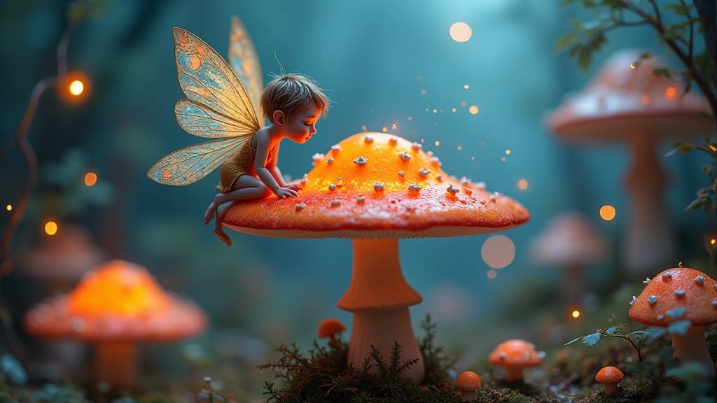Iridescent Fairy on Glowing Toadstool in Dreamlike Forest