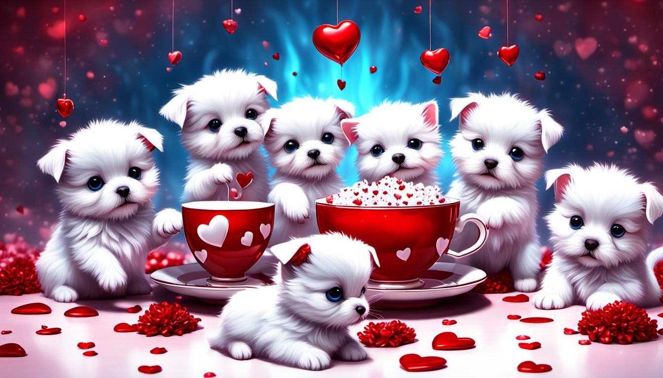 shiny red heart tea party of fluffy white chibi (puppies) and kittens ,red shiny hearts Playful. Cute. Fluffy ethereal f...