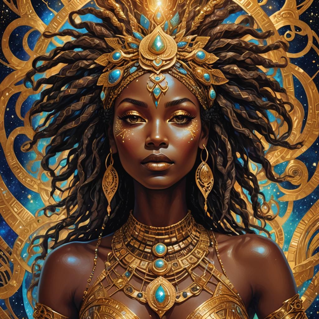 Cosmic Bronze Goddess in Afrofuturism Style