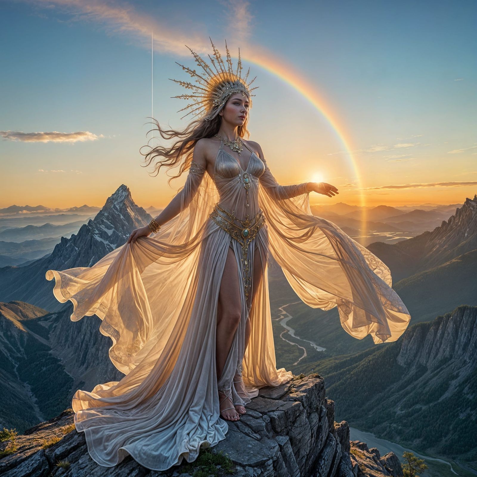 Ethereal Goddess of Light on Mountain Peak