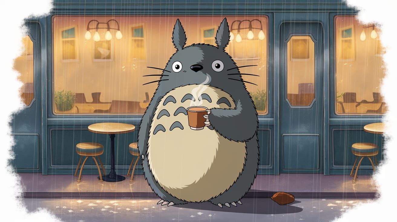 Totoro Sips Coffee in a Magical Café Scene