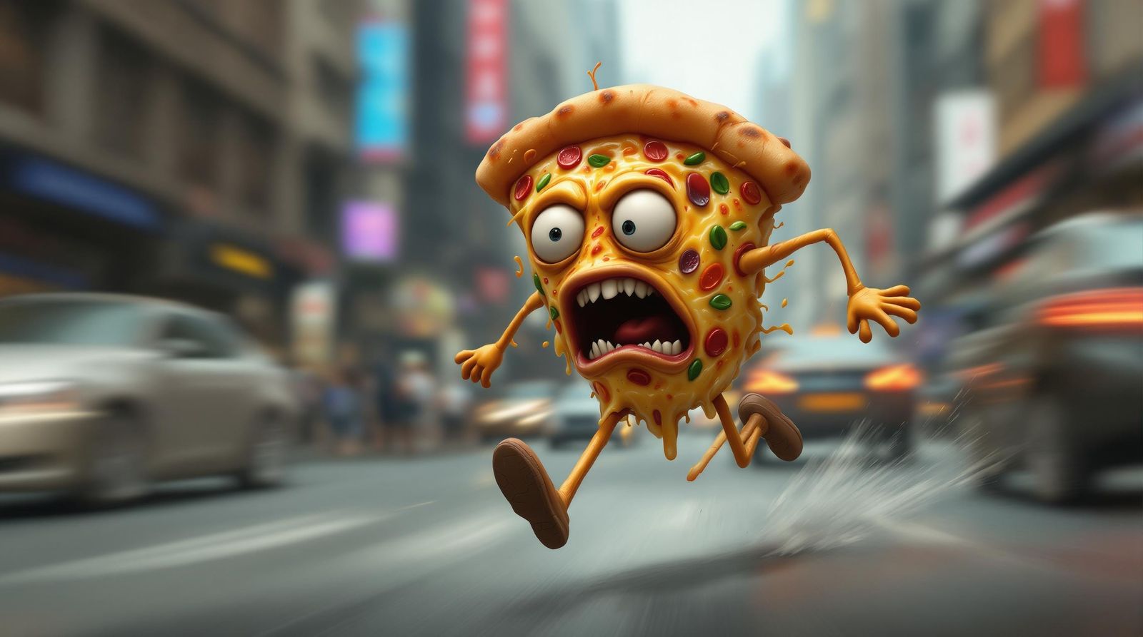 Hyperrealistic Pizza Runs Through City Streets