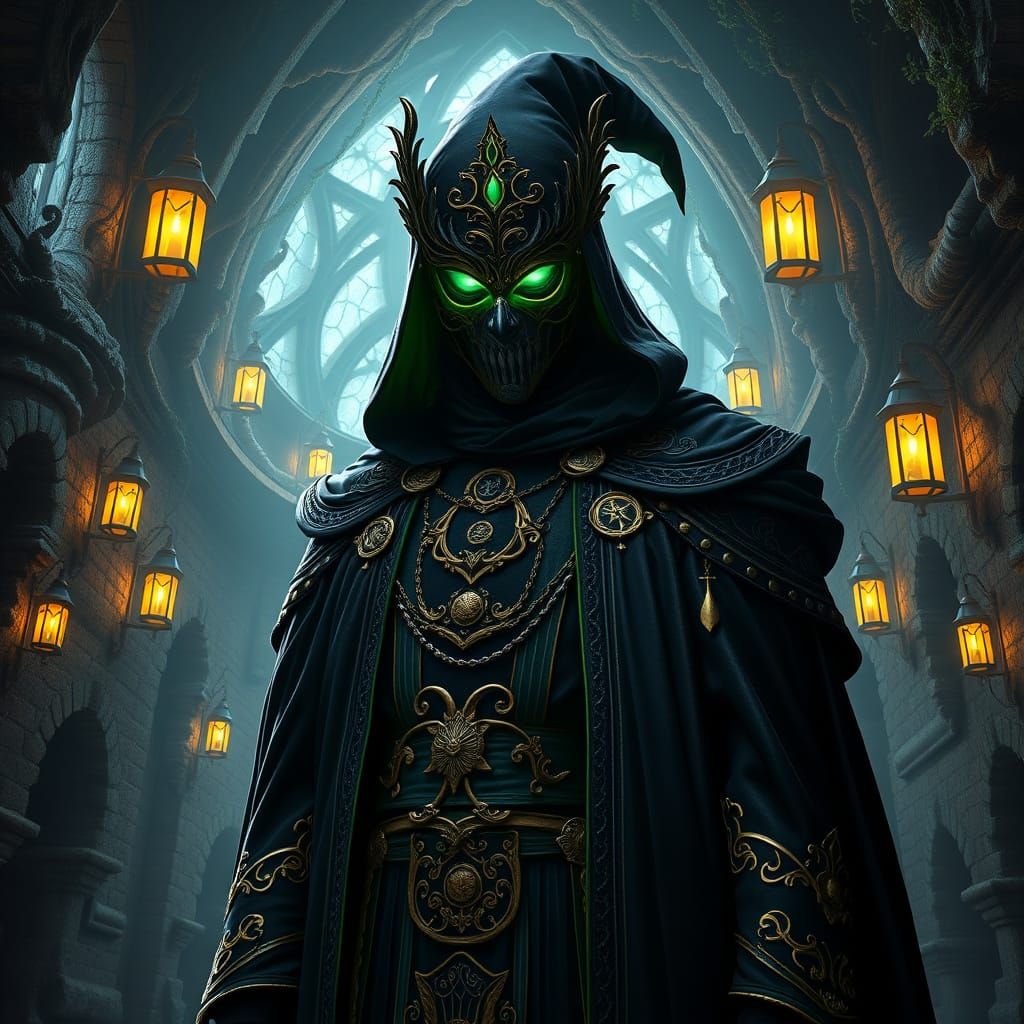 Gothic Wizard in Emerald Mask, Set Amidst Twisted Architectu...