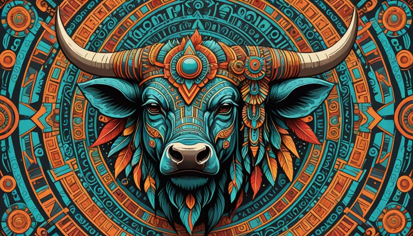 Psychedelic Bull Deity in Aztec and Mayan Style