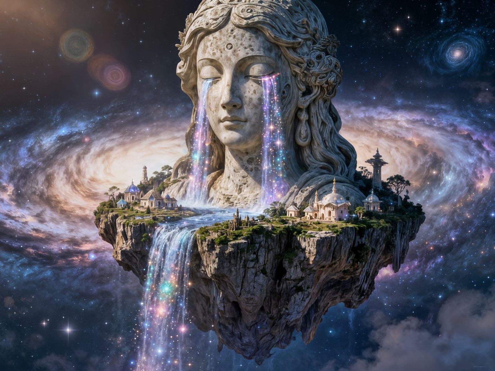 Surreal Floating Island Goddess with Stardust Waterfalls