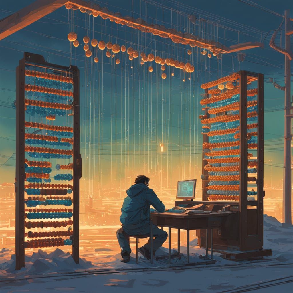 Futuristic Abacus in Neon-Lit Mathemagical Dance