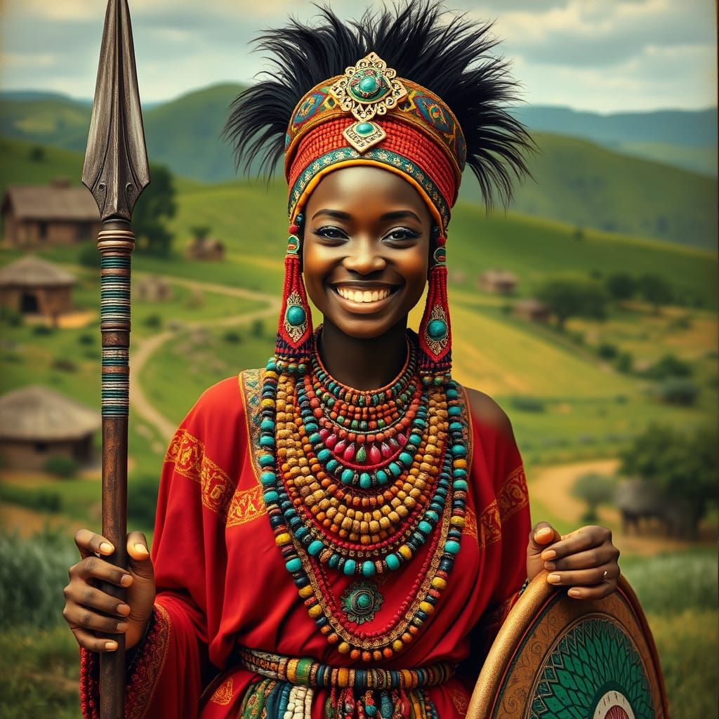 Nigerian Warrior Queen in Traditional Attire with Earthy Ton...