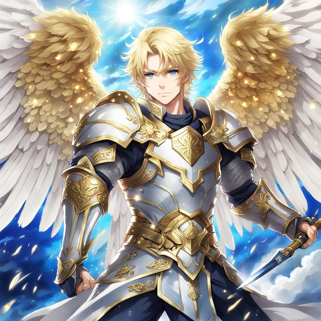 Blond Angel Warrior in Gold Armor, Anime Style