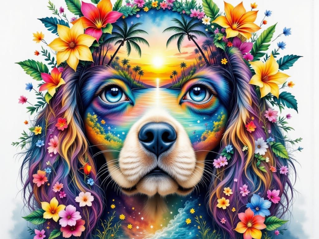 Double Exposure Puppy, Tropical Scene