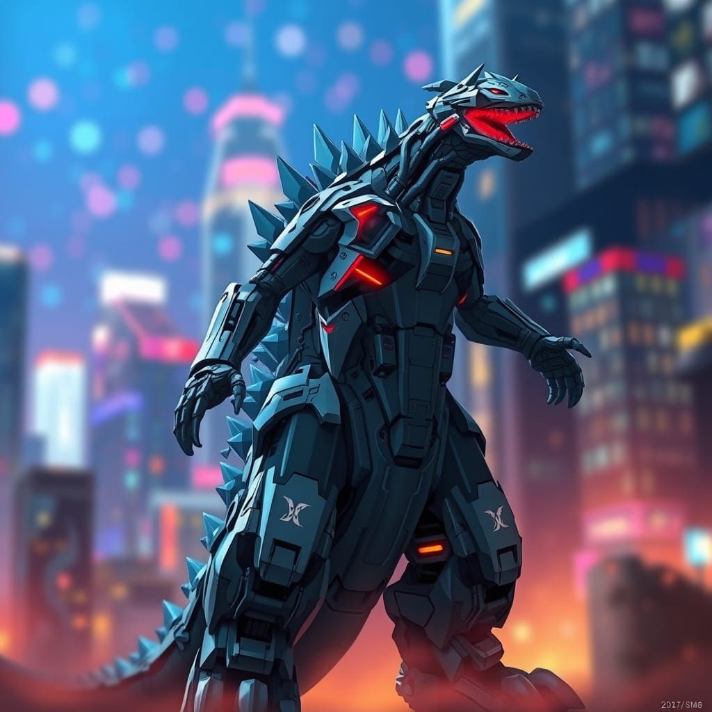 Mecha Godzilla in Vibrant Anime Cityscape