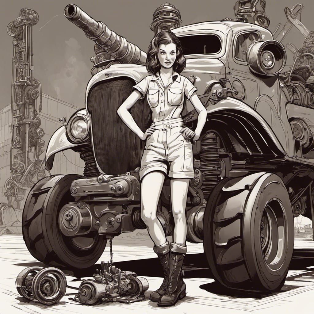 Mechanic Girl Fixing Hot Rod with Robot in Dystopian Art