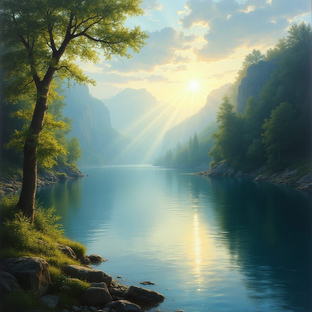 Romantic River Landscape Oil Painting at Golden Hour