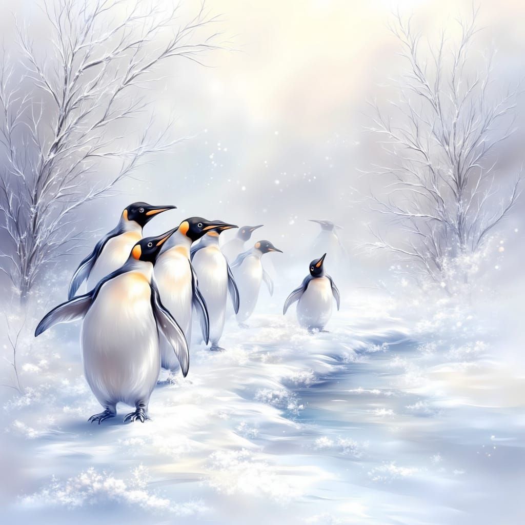 Penguins in Tuxedos Trekking Snowy North Pole