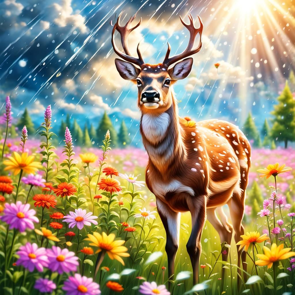 Deer in Rainy Flower Meadow with Sunbeams