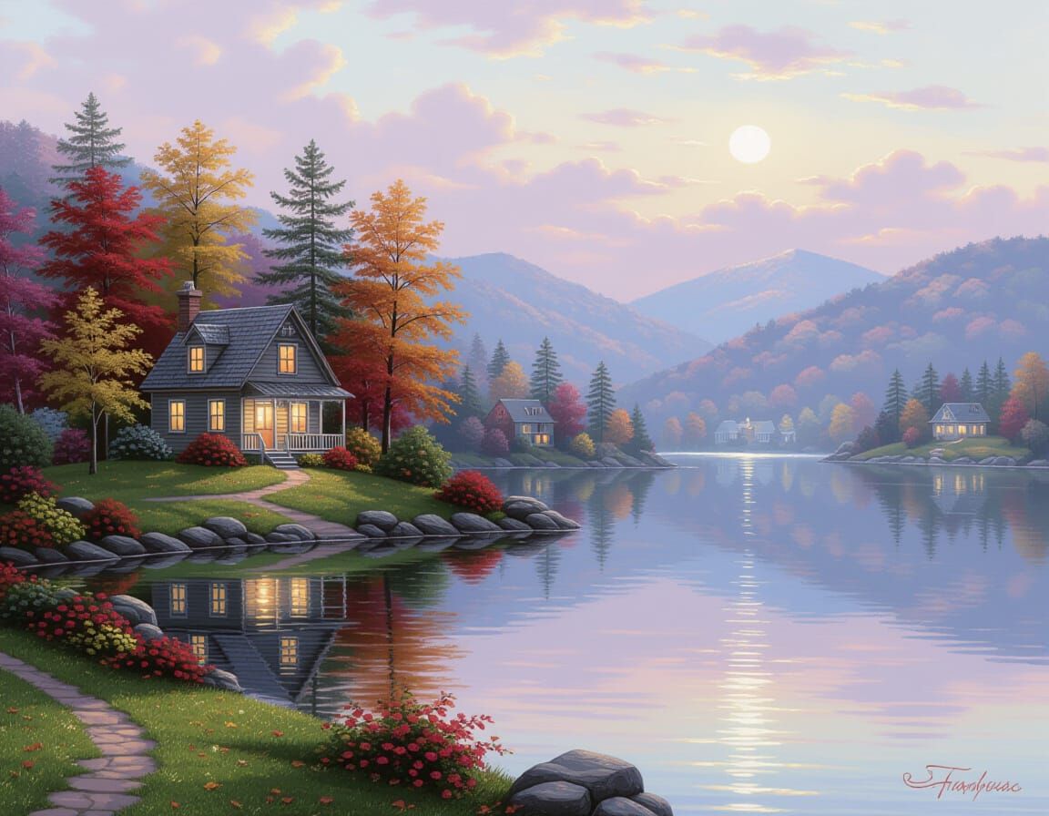 Ethereal Autumn Lake House in Misty Fantasy Style