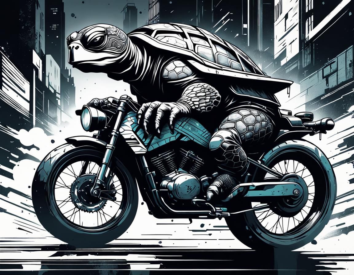 Cyberpunk Turtle on Motorcycle Graffiti Art