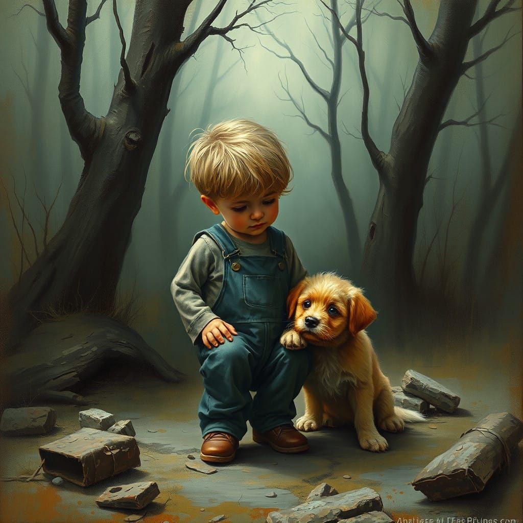 Charming Boy and Fluffy Puppy in Whimsical Children's Book A...