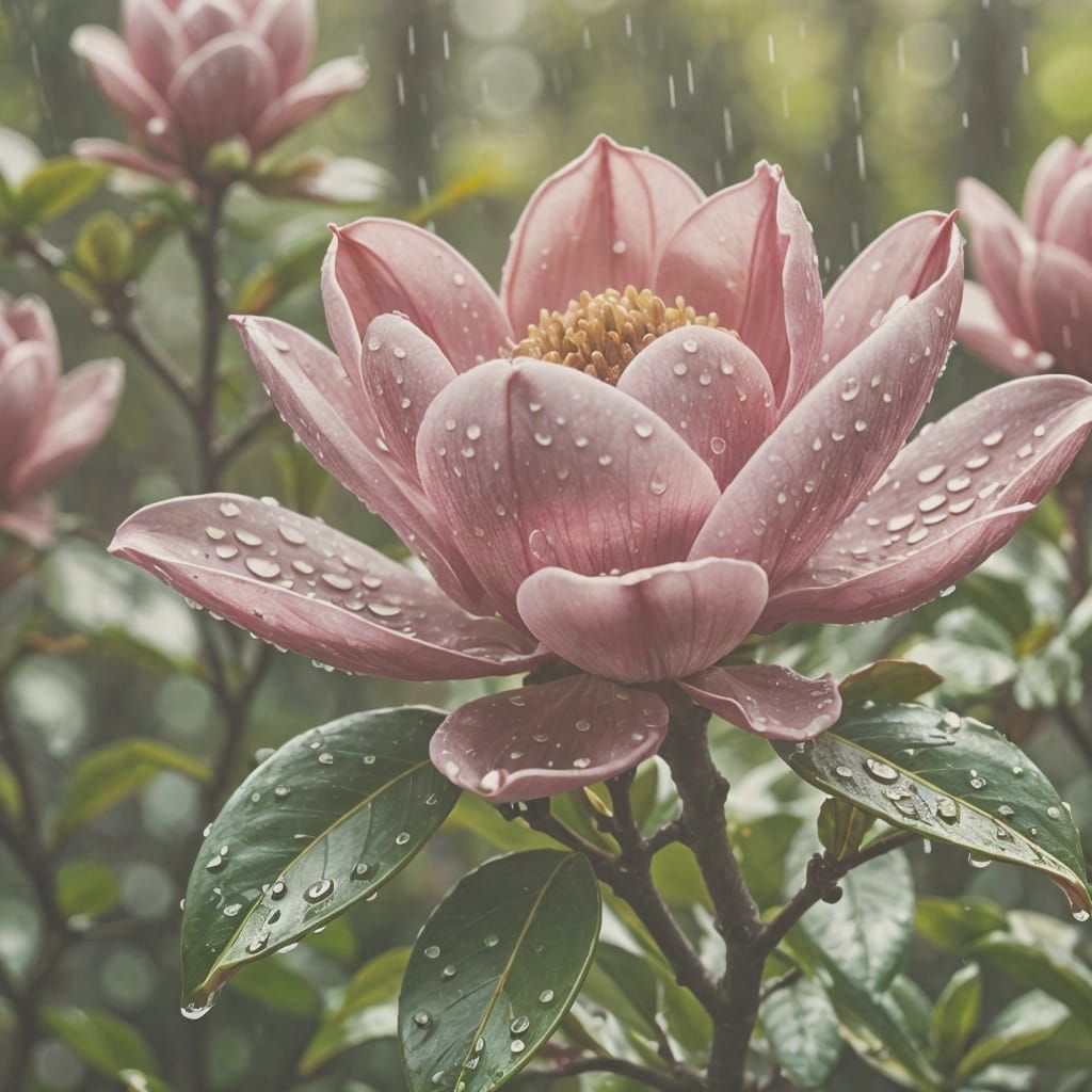 Glass Magnolia Blooms in Raindrops with Blurred Greenery