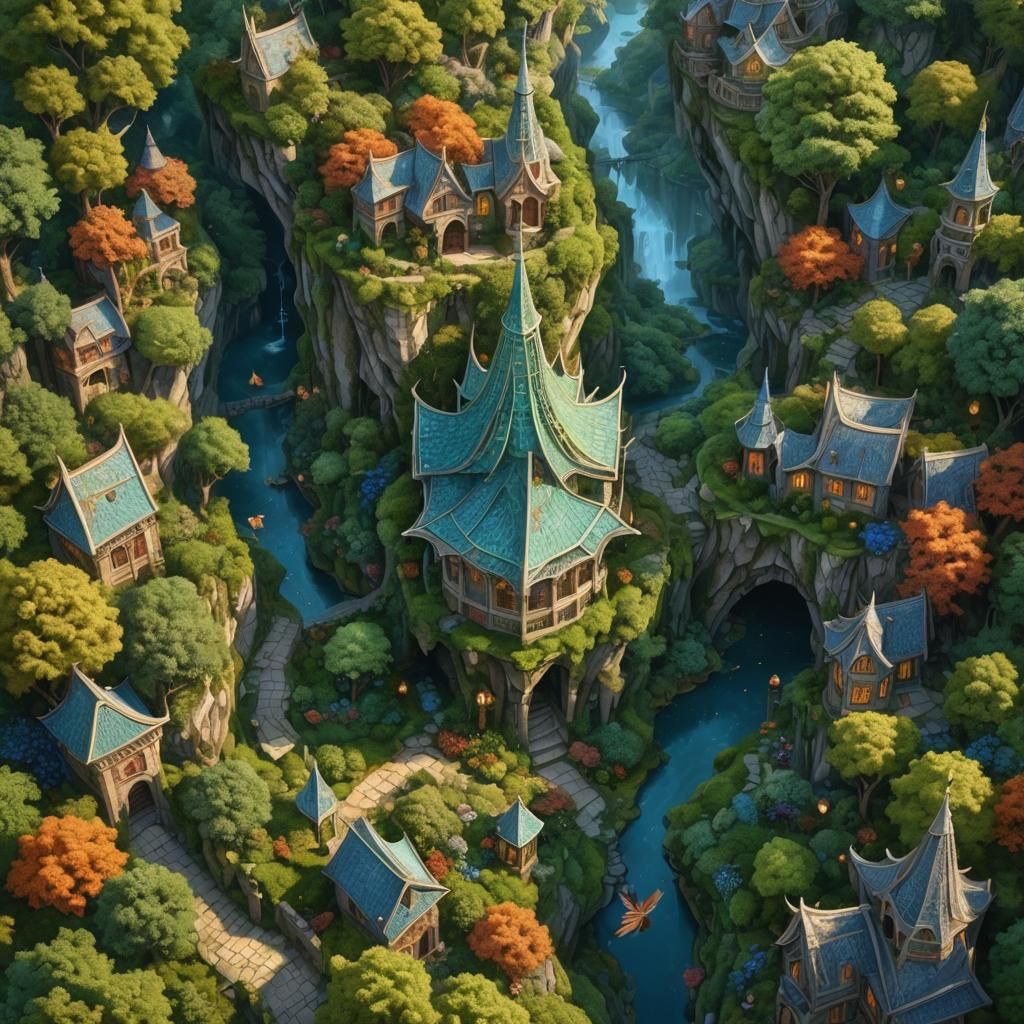 Elven Architecture in Lush Fantasy Landscape