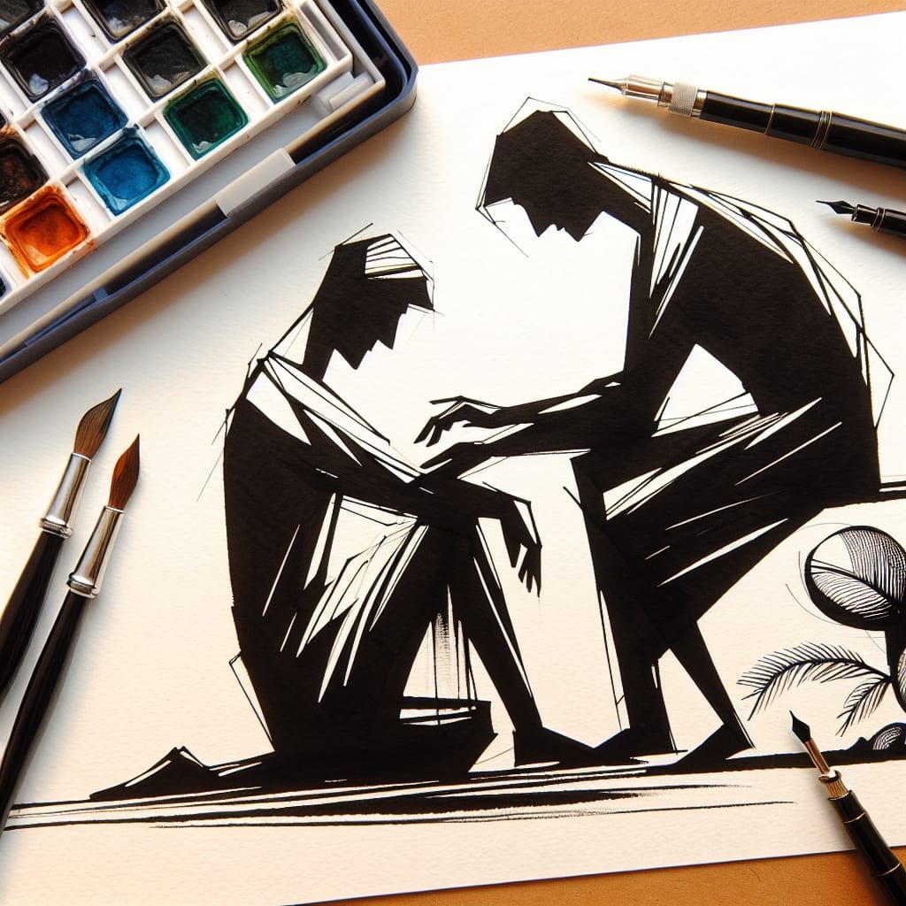 Minimalist Moment of Connection in Black Indian Ink