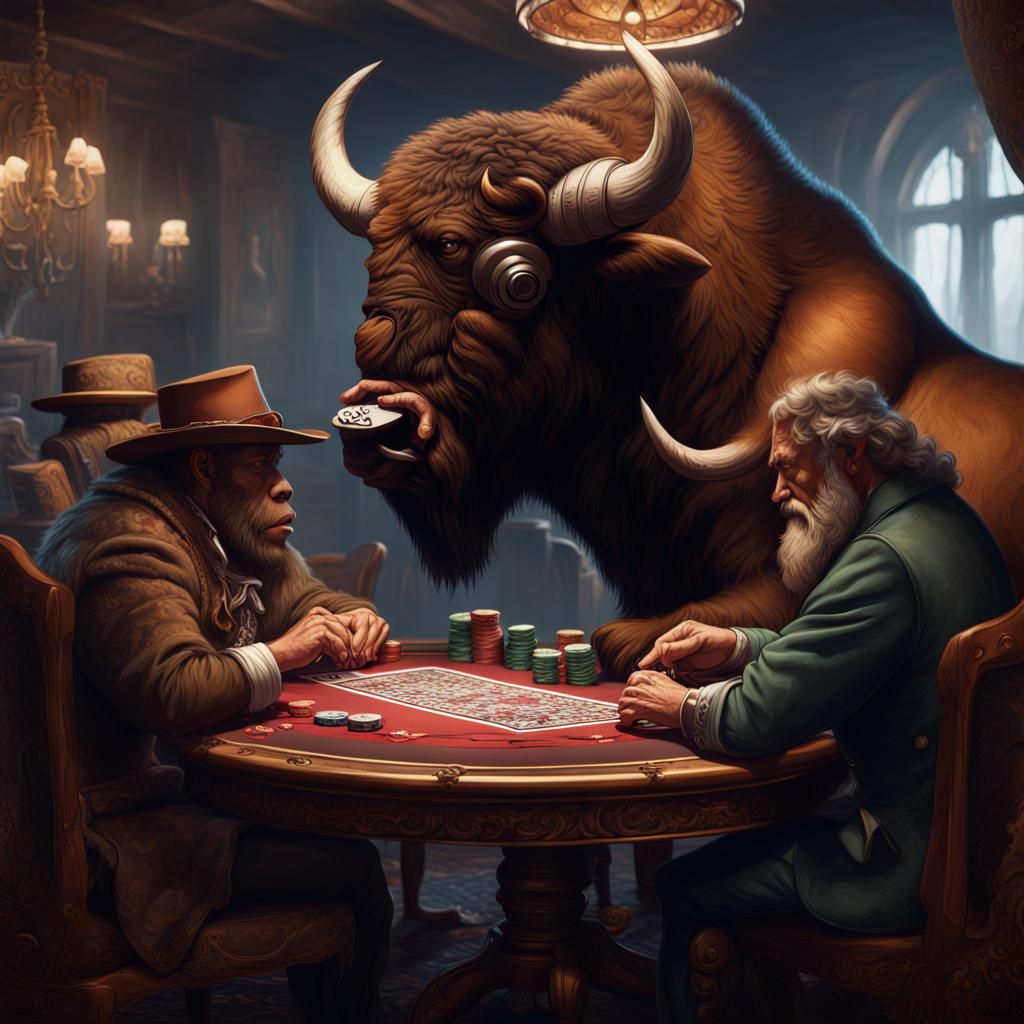 Bison Playing Poker in Detailed Matte Painting Style