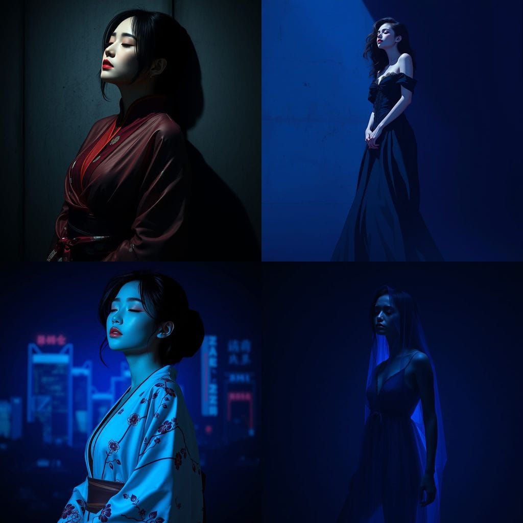 Mysterious Anime Goddess in Deep Blue Haze