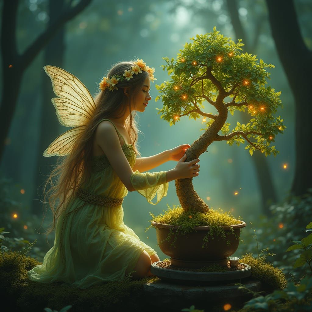 Fairy Tending Bioluminescent Bonsai in Art Nouveau Style