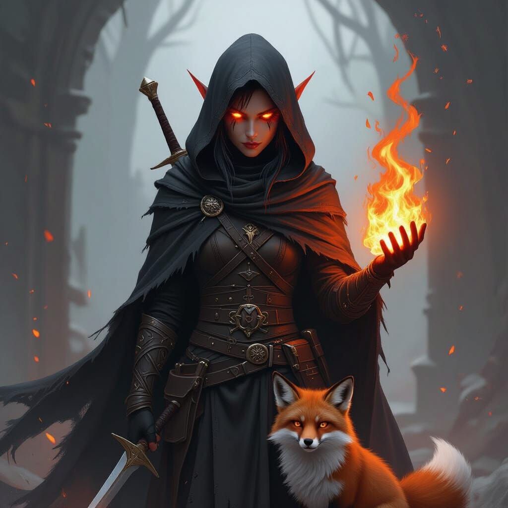 Elf Rogue Soulknife with Fiery Arm and Fox Companion
