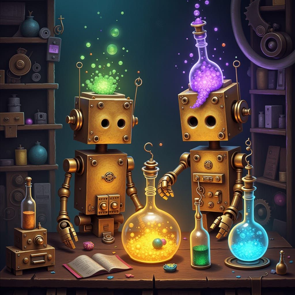 Clockwork Robots and Magical Potions in Ethereal Light
