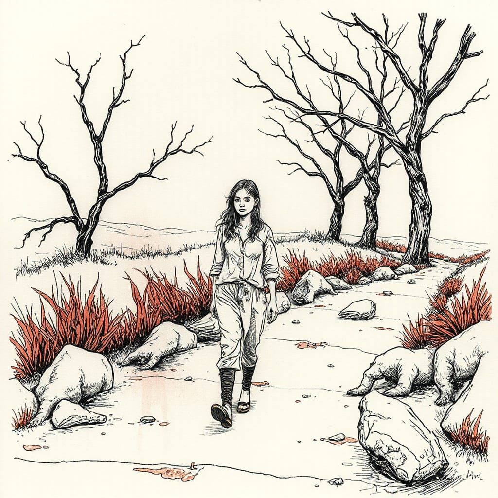 Alienated Teen in Ink Line Drawing