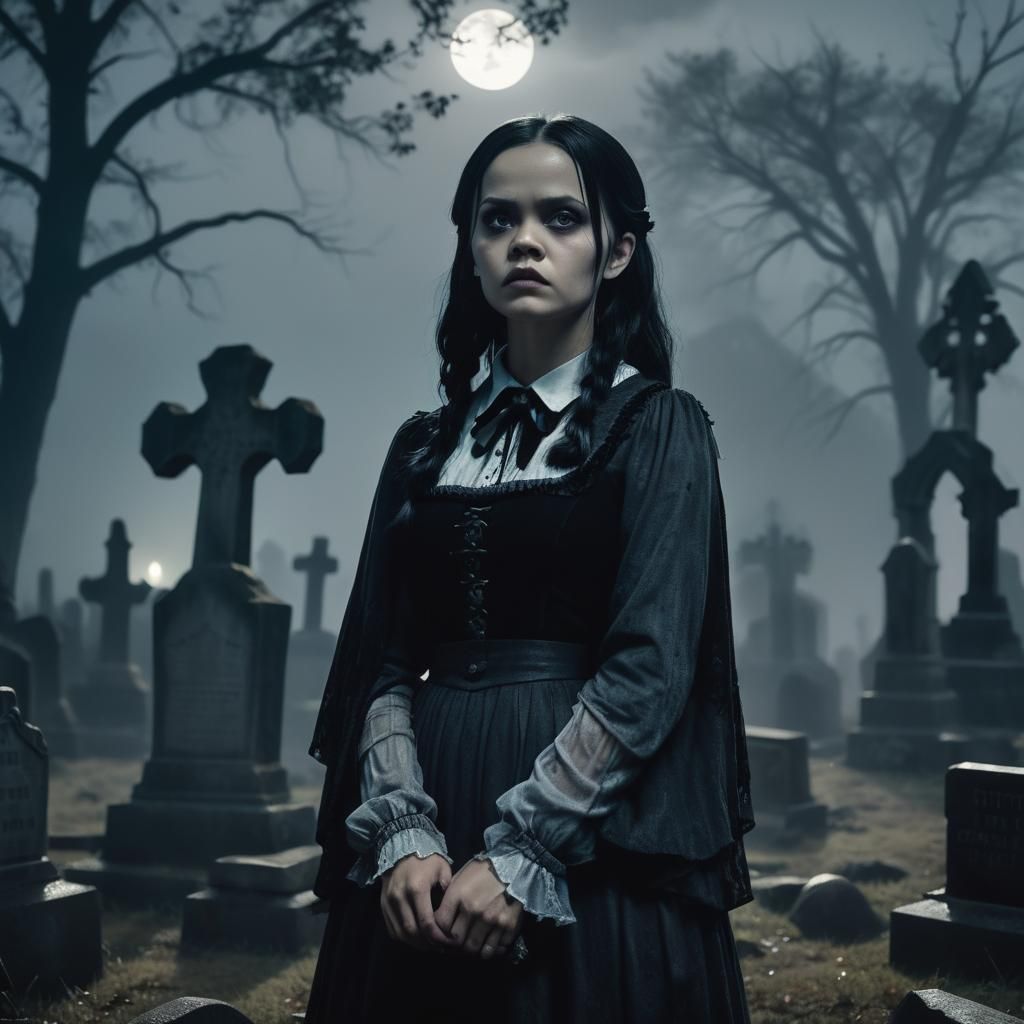 Jenna Ortega (Wednesday Addams:1.5), young woman, in a grave yard, large full moon at night, lightning, realistic, beaut...