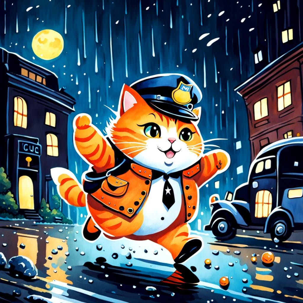 Chubby Orange Cat Chases Crime in Rainy Night Whimsy