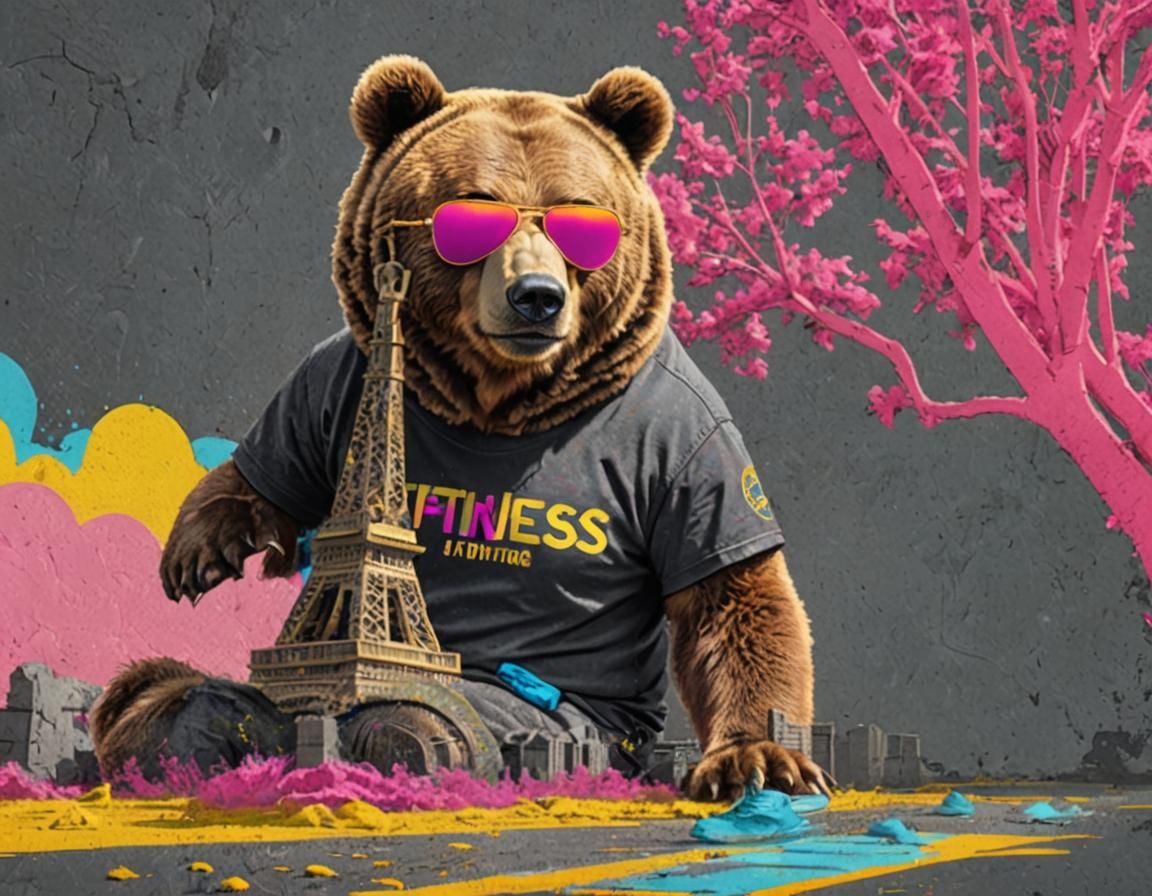 Pop Art Bear in Sunglasses with Fitness T-Shirt
