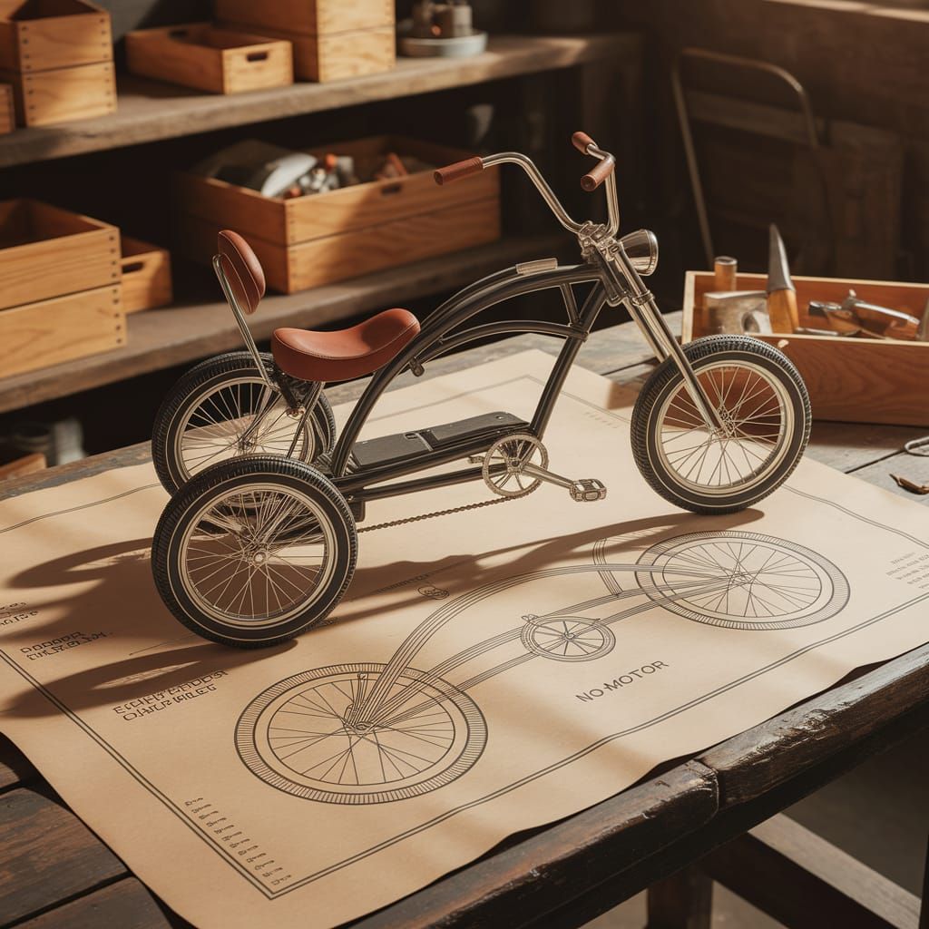 Chopper Tricycle Blueprint in Workshop Setting