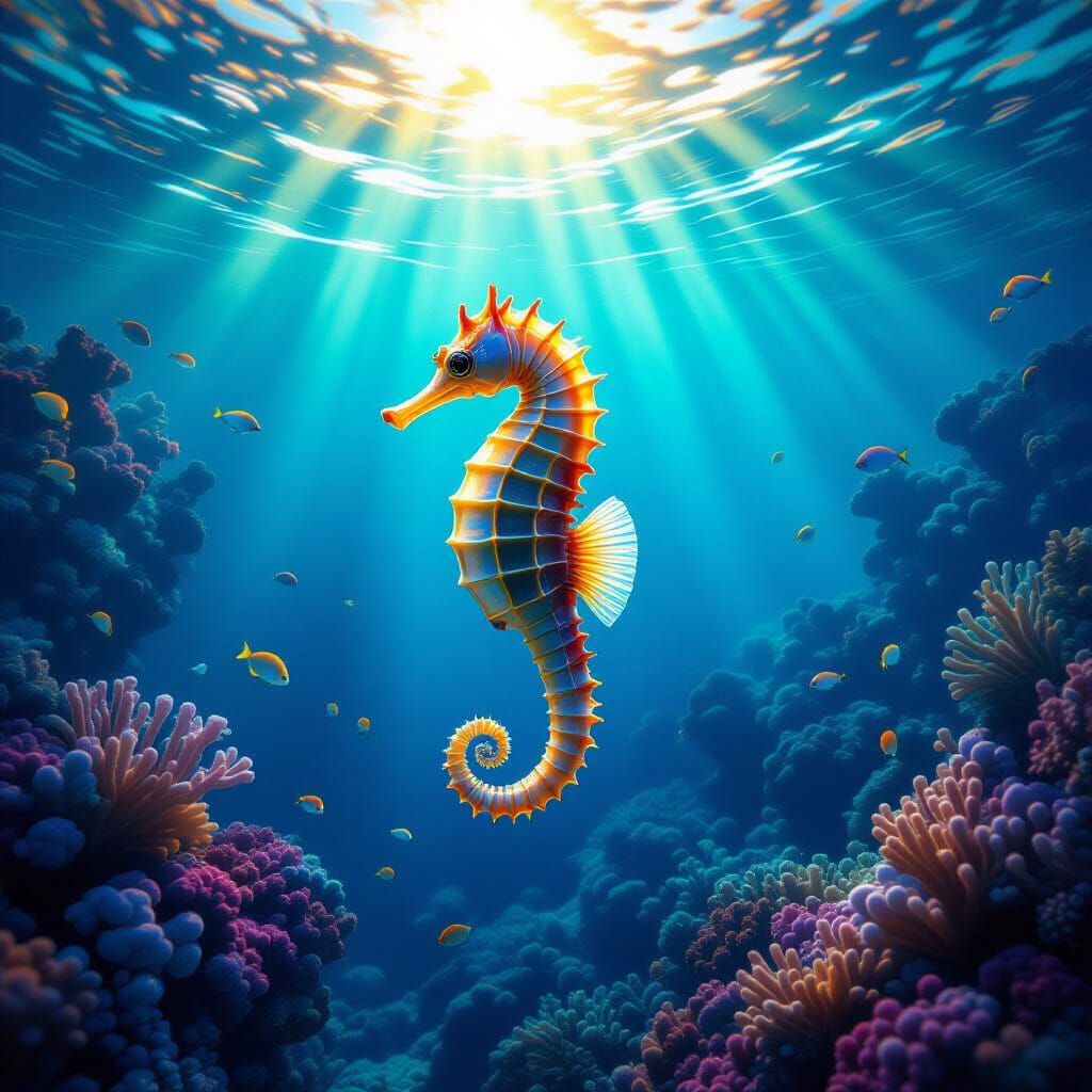 Mystical Seahorse in Bioluminescent Coral Reef
