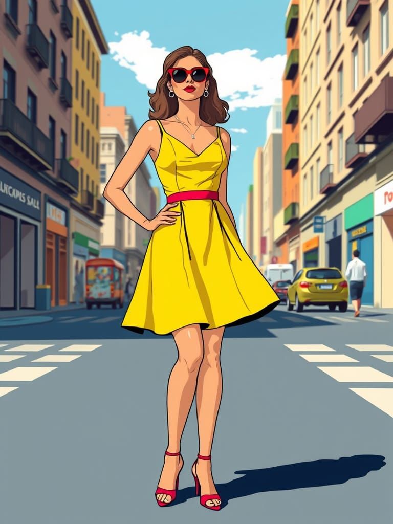 Woman in City Street: Flat 2D Pop Art Illustration