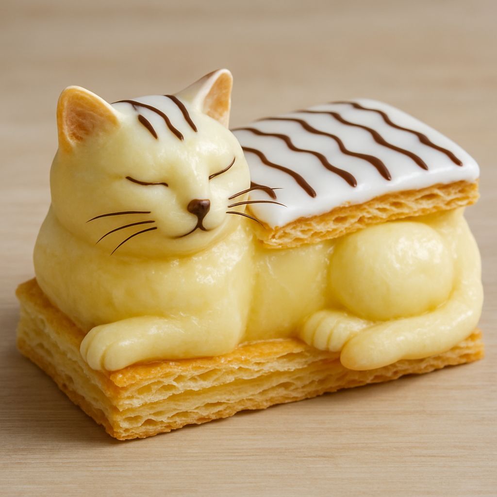 Cat-Shaped Vanilla Slice Dessert, Ultra-Realistic