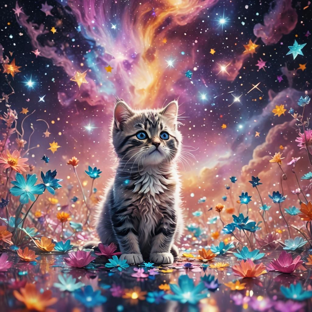 Adorable Kitten in Holographic Starry Dreamscape