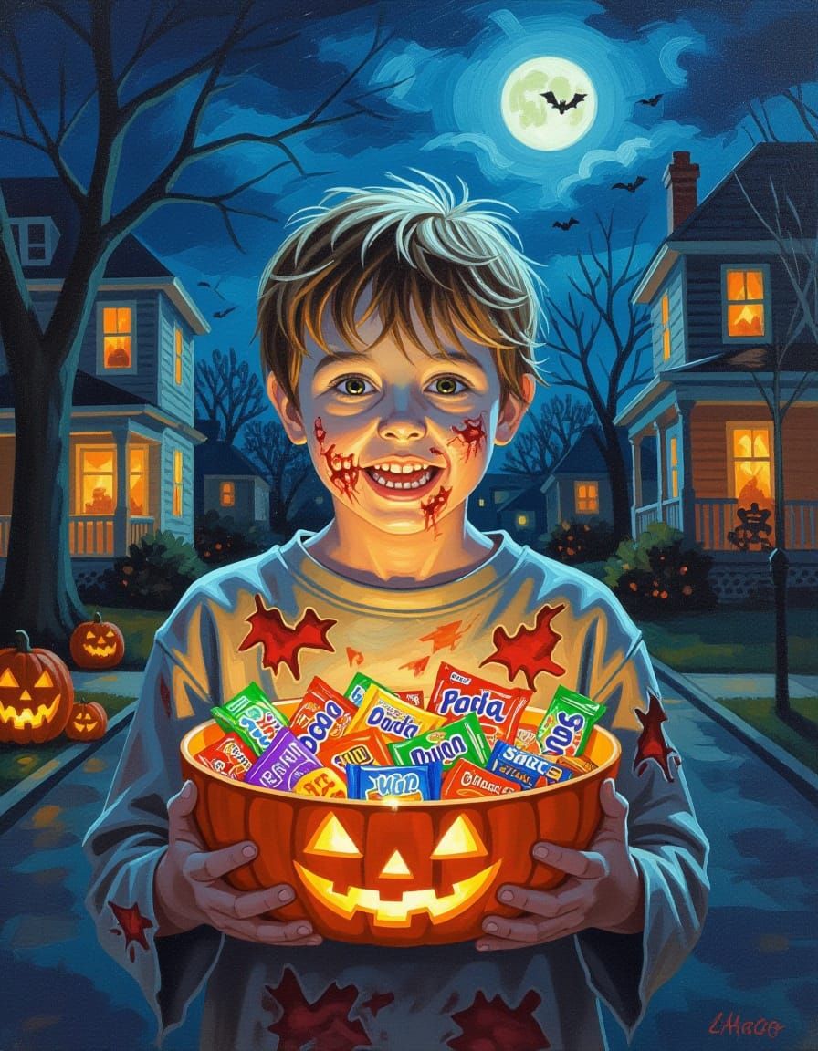 Zombie Kid Collects Halloween Candy in Oil Painting Style